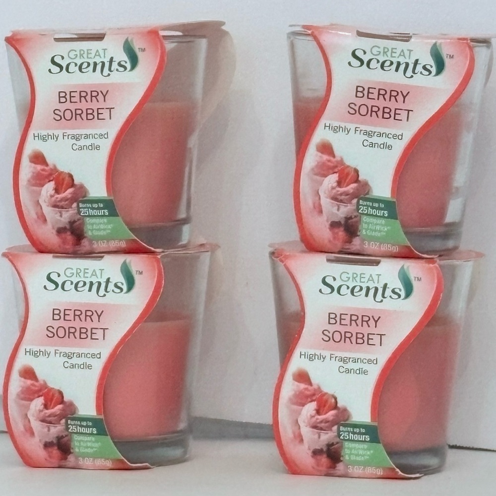 GREAT SCENTS CANDLE “BERRY SORBET” FRAGRANCED CANDLE 4 PIECE SET.